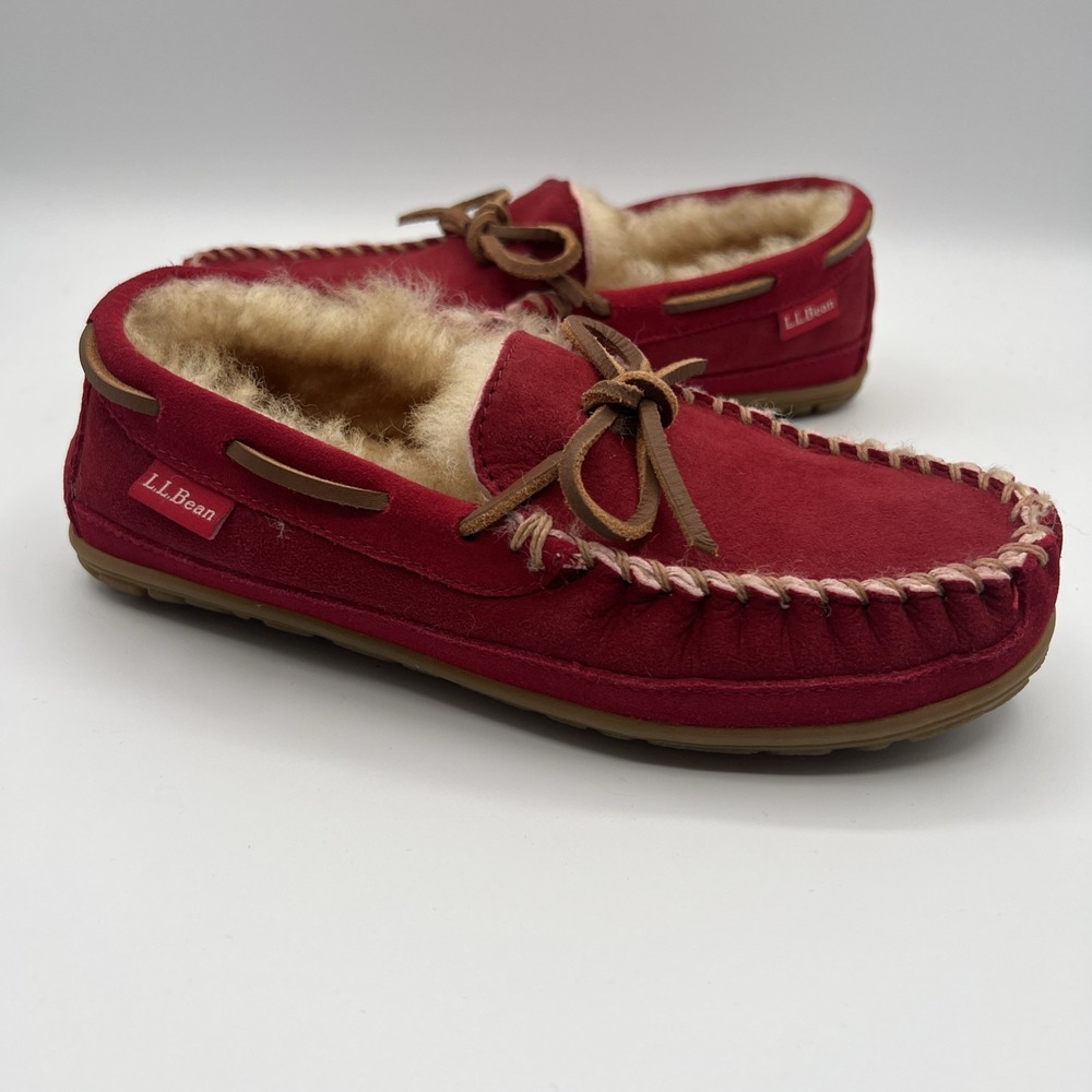 LL Bean Kids' Wicked Good Mocs Size 3 Nautical Red Suede Shearling Lined EUC